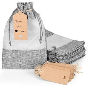 15 Pack 6.3x9.5 Inches Beige Linen Burlap with Sheer Window Organza Gift Bag with Drawstring for Christmas Gifts Wedding Party Favors Cosmetic Perfume Mesh Pouch