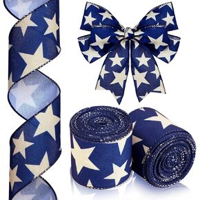 2 Rolls 20 Yard Star Blue Wired Edge Ribbon Patriotic Ribbon 2.5 Inch 4th of July Ribbon Beige Navy Blue DIY Crafts Ribbon for Party Decorations Wreaths Bow in Saudi Arabia