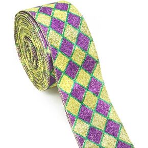 Mardi Gras Fabric Ribbons 10 Yards Gold Purple Glitter Plaid Burlap Ribbon for Mardi Gras Carnival Hanging Decor Gift Wrapping Party Decoration Outdoor Crafts Supplies (2.5 Inch * 10 Yards * 1 Roll)