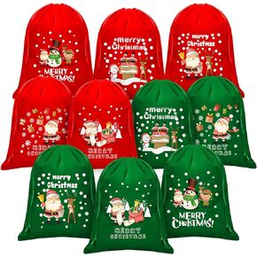 Oudain 20 Pieces Christmas Flannel Drawstring Bags Christmas Gift Bags Medium Size Christmas Bags Gift Candy Wrapping Bags Treat Sacks Reusable Gift Bags for Holiday Party Favors, 8 x 10 Inch
