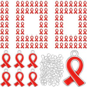 Sasylvia 100 Pieces Red Ribbon Pendants with 100 Metal Loop Ribbon Charm Accessories Awareness Dangle Charms for Women DIY Necklace Bracelet Earrings Jewelry Making in Saudi Arabia