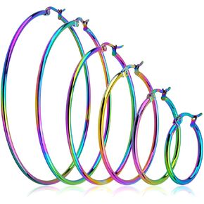 6 أزواج من الأقراط المصنوعة من الفولاذ المقاوم للصدأ، أقراط خرز دائرية لا تسبب الحساسية، إكسسوارات فنية لصناعة المجوهرات، 20/30/40/50/60/70 مم، لون قوس قزح in Kuwait