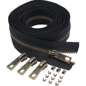 MebuZip #3 Upholstery Zipper by The Yard Black Long Zipper Tape Y Metal Zippers 5 Yards with 10pcs Light Gold Zipper Pull for Sewing Tailor Crafts (Gold 5 Yards)