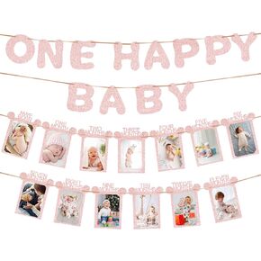 WNINK 1st Rose Gold Birthday Photo Banner for Baby from Newborn to 12 Months, 1st Birthday Decorations Girl Monthly Milestones Bunting Garland Safari Jungle Baby Shower Birthday Decor in Kuwait