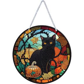 LYENYI عيد الشكر الخريف اليقطين القط مجموعات الطلاء الماسي معلقة لافتة جدار الفن علامة القط الماس الفن Suncatcher نافذة معلقة حلية نافذة المعلقات المنزل حديقة جدار الباب الماس مجموعات الطلاء in Kuwait