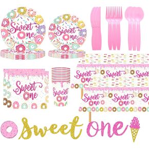 Sweet One Birthday Party Decorations Donut 1st Birthday Party Decorations 143pcs Includes Donut Paper Plates,Cups,Napkins Suitable For Donut 1st Birthday Party Decorations in Kuwait