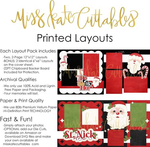 Two Printed Layouts - Ho Ho Ho & St. Nick - 2-2 Page 12"x12" Kits & Bonus: 2 Duplicate 6"x6" Layouts - 80lb Specialty Paper - Exclusive Christmas Designs - by Miss Kate Cuttables in Saudi Arabia