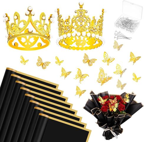 FANKUTOYS 132 قطعة من إكسسوارات باقة الزهور، 20 ورقة ورق تغليف الزهور 2 قطعة تاج كعكة علوي 60 قطعة ديكور فراشة ذهبية ثلاثية الأبعاد 50 قطعة دبابيس باقة الصدار لعيد ميلاد الزفاف in Kuwait