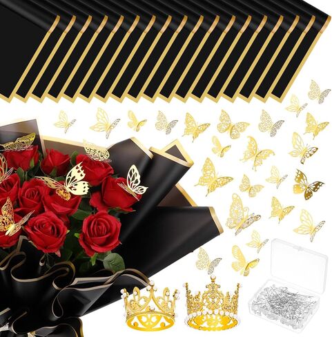 FANKUTOYS 132 قطعة من إكسسوارات باقة الزهور، 20 ورقة ورق تغليف الزهور 2 قطعة تاج كعكة علوي 60 قطعة ديكور فراشة ذهبية ثلاثية الأبعاد 50 قطعة دبابيس باقة الصدار لعيد ميلاد الزفاف in Kuwait