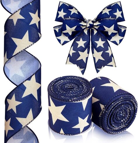 2 Rolls 20 Yard Star Blue Wired Edge Ribbon Patriotic Ribbon 2.5 Inch 4th of July Ribbon Beige Navy Blue DIY Crafts Ribbon for Party Decorations Wreaths Bow in Saudi Arabia