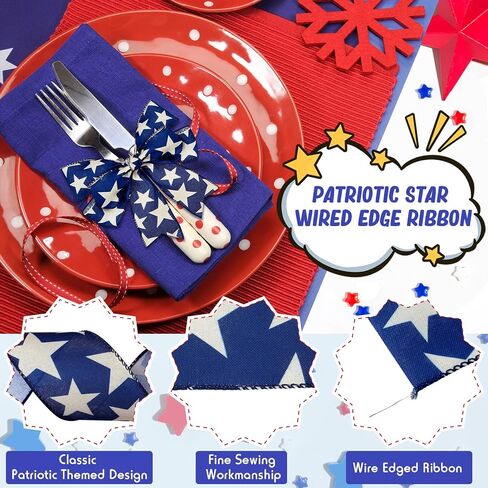 2 Rolls 20 Yard Star Blue Wired Edge Ribbon Patriotic Ribbon 2.5 Inch 4th of July Ribbon Beige Navy Blue DIY Crafts Ribbon for Party Decorations Wreaths Bow in Saudi Arabia
