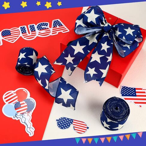 2 Rolls 20 Yard Star Blue Wired Edge Ribbon Patriotic Ribbon 2.5 Inch 4th of July Ribbon Beige Navy Blue DIY Crafts Ribbon for Party Decorations Wreaths Bow in Saudi Arabia