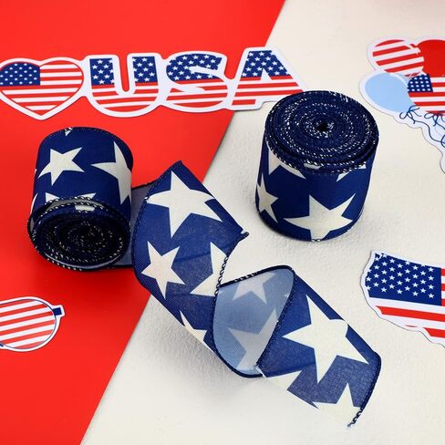 2 Rolls 20 Yard Star Blue Wired Edge Ribbon Patriotic Ribbon 2.5 Inch 4th of July Ribbon Beige Navy Blue DIY Crafts Ribbon for Party Decorations Wreaths Bow in Saudi Arabia