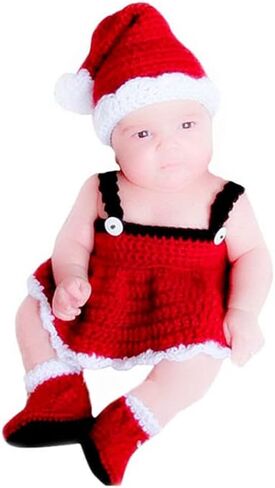 دعائم التصوير الفوتوغرافي للاطفال حديثي الولادة بتصميم سانتا كلوز مصنوعة يدويا من الكروشيه مع قبعة وتنورة وحذاء ودعائم التصوير للفتيات الصغيرات in Kuwait