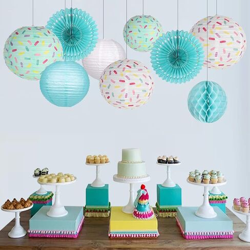 YUNXUAN Donut Birthday Party Decorations, Donut Party Supplies Donut Lanterns Party Paper Fan Honeycomb Ball Hanging Paper Lanterns for Baby Shower Kids Birthday Party Ice Cream Party Decorations in Kuwait