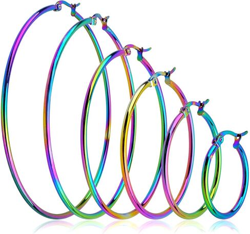 6 أزواج من الأقراط المصنوعة من الفولاذ المقاوم للصدأ، أقراط خرز دائرية لا تسبب الحساسية، إكسسوارات فنية لصناعة المجوهرات، 20/30/40/50/60/70 مم، لون قوس قزح in Kuwait