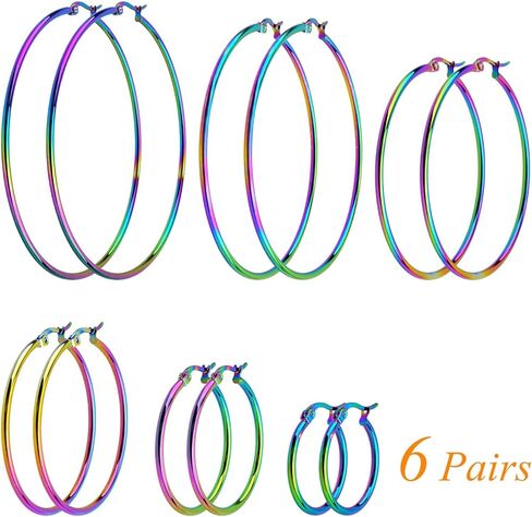 6 أزواج من الأقراط المصنوعة من الفولاذ المقاوم للصدأ، أقراط خرز دائرية لا تسبب الحساسية، إكسسوارات فنية لصناعة المجوهرات، 20/30/40/50/60/70 مم، لون قوس قزح in Kuwait
