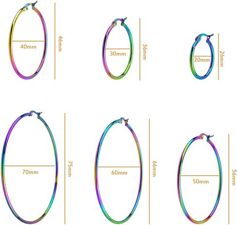 6 أزواج من الأقراط المصنوعة من الفولاذ المقاوم للصدأ، أقراط خرز دائرية لا تسبب الحساسية، إكسسوارات فنية لصناعة المجوهرات، 20/30/40/50/60/70 مم، لون قوس قزح in Kuwait