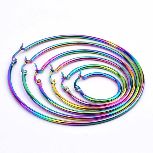 6 أزواج من الأقراط المصنوعة من الفولاذ المقاوم للصدأ، أقراط خرز دائرية لا تسبب الحساسية، إكسسوارات فنية لصناعة المجوهرات، 20/30/40/50/60/70 مم، لون قوس قزح in Kuwait