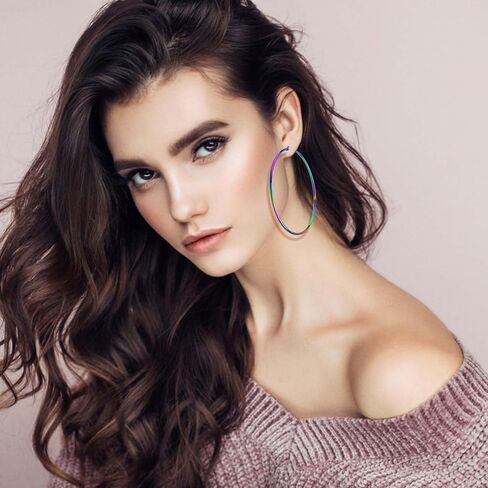 6 أزواج من الأقراط المصنوعة من الفولاذ المقاوم للصدأ، أقراط خرز دائرية لا تسبب الحساسية، إكسسوارات فنية لصناعة المجوهرات، 20/30/40/50/60/70 مم، لون قوس قزح in Kuwait