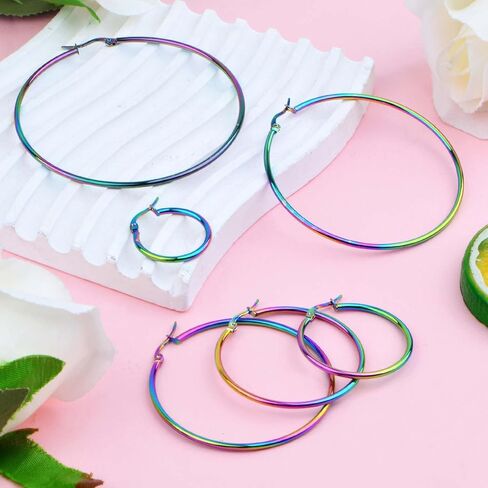 6 أزواج من الأقراط المصنوعة من الفولاذ المقاوم للصدأ، أقراط خرز دائرية لا تسبب الحساسية، إكسسوارات فنية لصناعة المجوهرات، 20/30/40/50/60/70 مم، لون قوس قزح in Kuwait