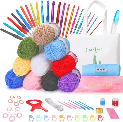 Crochet Kits for Beginners with Case, 78PCS Crochet Hooks Set Beginners Crochet Kit with Canvas Tote Bag, 10 Yarns and Crochet Hooks, Knitting Needles, Crochet Starter Kit for Kids Adults Professional in Kuwait
