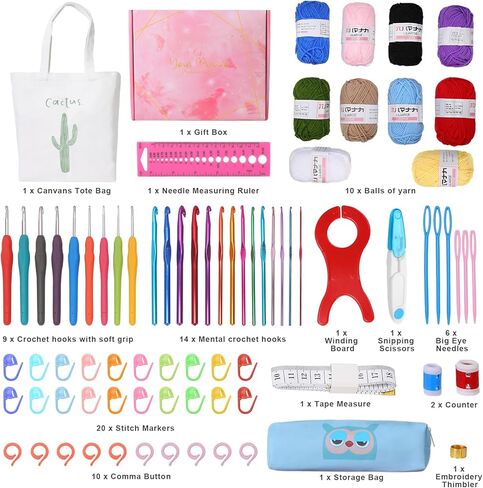 Crochet Kits for Beginners with Case, 78PCS Crochet Hooks Set Beginners Crochet Kit with Canvas Tote Bag, 10 Yarns and Crochet Hooks, Knitting Needles, Crochet Starter Kit for Kids Adults Professional in Kuwait