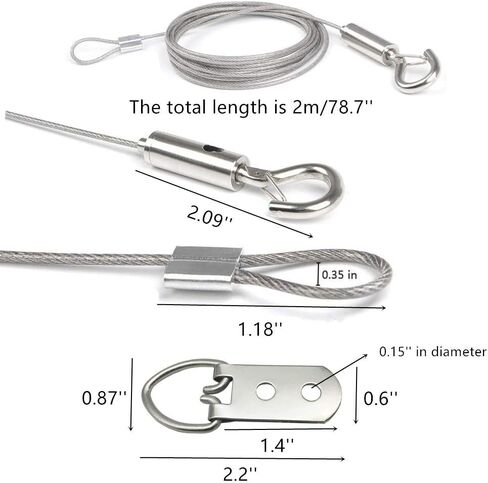 2PCS Adjustable Picture Hanging Wire Kit with D Rings 2m x 1.5mm Heavy Duty Mirror Hanging Wire with Loop and Hook Stainless Steel Hanging Wire Rope for Picture, Mirror, Light Hold Up to 20KG in Kuwait