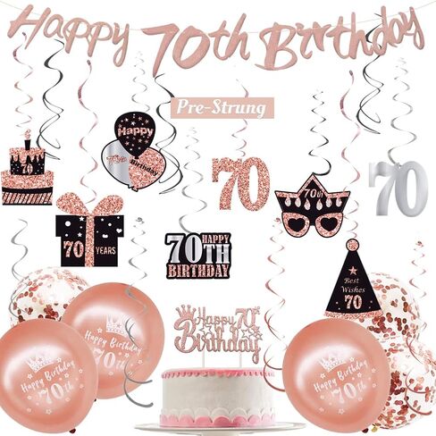 WOJOGO 70th Birthday Decorations Women, Rose Gold 70 Birthday Decorations for Men, Including Happy 70th Birthday Banner Hanging Swirls Birthday Cake Topper Balloons for Party Supplies in Kuwait