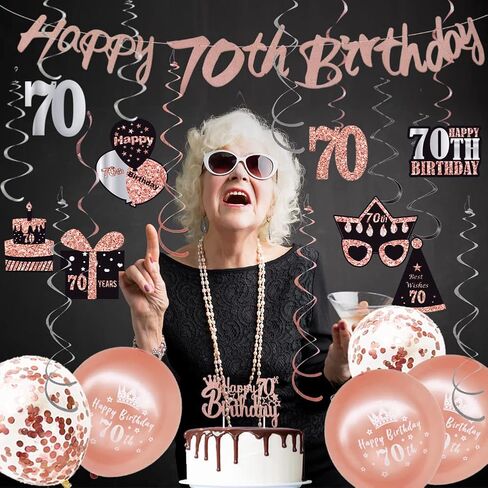 WOJOGO 70th Birthday Decorations Women, Rose Gold 70 Birthday Decorations for Men, Including Happy 70th Birthday Banner Hanging Swirls Birthday Cake Topper Balloons for Party Supplies in Kuwait