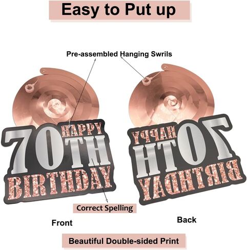 WOJOGO 70th Birthday Decorations Women, Rose Gold 70 Birthday Decorations for Men, Including Happy 70th Birthday Banner Hanging Swirls Birthday Cake Topper Balloons for Party Supplies in Kuwait