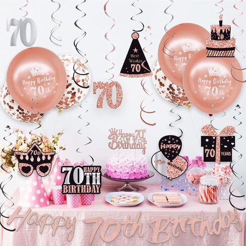 WOJOGO 70th Birthday Decorations Women, Rose Gold 70 Birthday Decorations for Men, Including Happy 70th Birthday Banner Hanging Swirls Birthday Cake Topper Balloons for Party Supplies in Kuwait