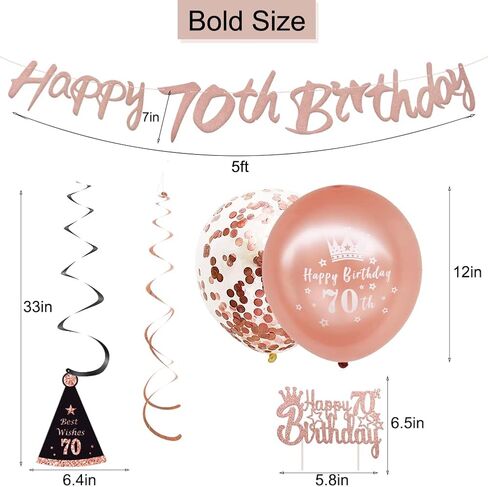 WOJOGO 70th Birthday Decorations Women, Rose Gold 70 Birthday Decorations for Men, Including Happy 70th Birthday Banner Hanging Swirls Birthday Cake Topper Balloons for Party Supplies in Kuwait