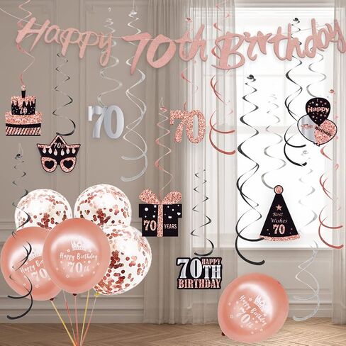 WOJOGO 70th Birthday Decorations Women, Rose Gold 70 Birthday Decorations for Men, Including Happy 70th Birthday Banner Hanging Swirls Birthday Cake Topper Balloons for Party Supplies in Kuwait
