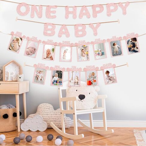 WNINK 1st Rose Gold Birthday Photo Banner for Baby from Newborn to 12 Months, 1st Birthday Decorations Girl Monthly Milestones Bunting Garland Safari Jungle Baby Shower Birthday Decor in Kuwait