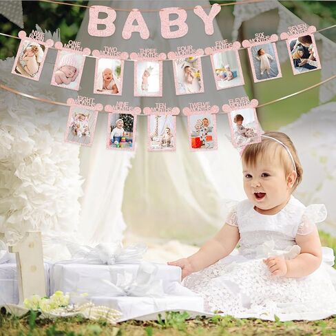 WNINK 1st Rose Gold Birthday Photo Banner for Baby from Newborn to 12 Months, 1st Birthday Decorations Girl Monthly Milestones Bunting Garland Safari Jungle Baby Shower Birthday Decor in Kuwait