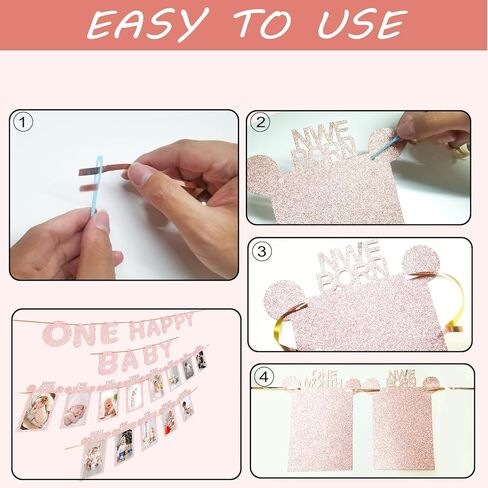 WNINK 1st Rose Gold Birthday Photo Banner for Baby from Newborn to 12 Months, 1st Birthday Decorations Girl Monthly Milestones Bunting Garland Safari Jungle Baby Shower Birthday Decor in Kuwait