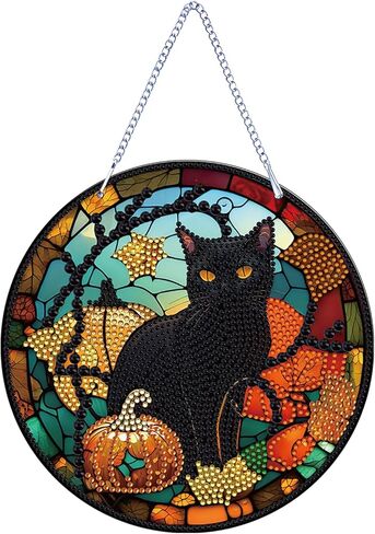 LYENYI عيد الشكر الخريف اليقطين القط مجموعات الطلاء الماسي معلقة لافتة جدار الفن علامة القط الماس الفن Suncatcher نافذة معلقة حلية نافذة المعلقات المنزل حديقة جدار الباب الماس مجموعات الطلاء in Kuwait