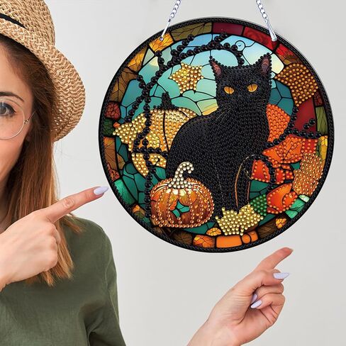 LYENYI عيد الشكر الخريف اليقطين القط مجموعات الطلاء الماسي معلقة لافتة جدار الفن علامة القط الماس الفن Suncatcher نافذة معلقة حلية نافذة المعلقات المنزل حديقة جدار الباب الماس مجموعات الطلاء in Kuwait