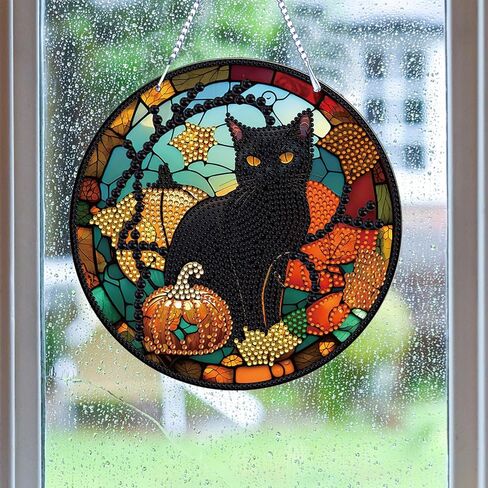 LYENYI عيد الشكر الخريف اليقطين القط مجموعات الطلاء الماسي معلقة لافتة جدار الفن علامة القط الماس الفن Suncatcher نافذة معلقة حلية نافذة المعلقات المنزل حديقة جدار الباب الماس مجموعات الطلاء in Kuwait