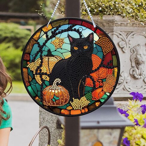 LYENYI عيد الشكر الخريف اليقطين القط مجموعات الطلاء الماسي معلقة لافتة جدار الفن علامة القط الماس الفن Suncatcher نافذة معلقة حلية نافذة المعلقات المنزل حديقة جدار الباب الماس مجموعات الطلاء in Kuwait