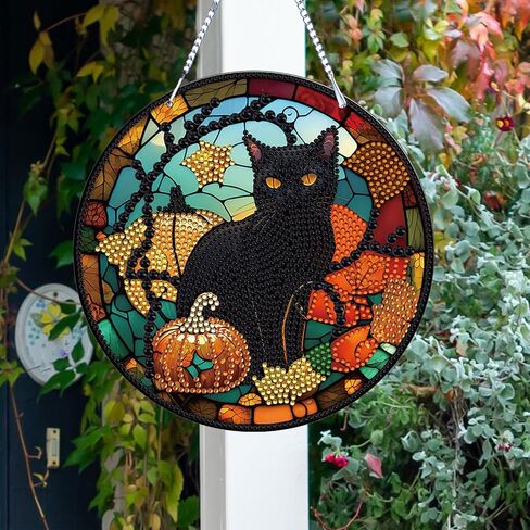 LYENYI عيد الشكر الخريف اليقطين القط مجموعات الطلاء الماسي معلقة لافتة جدار الفن علامة القط الماس الفن Suncatcher نافذة معلقة حلية نافذة المعلقات المنزل حديقة جدار الباب الماس مجموعات الطلاء in Kuwait