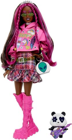 Barbie Extra Doll & Accessories with Pink-Streaked Brunette Hair in Graphic Hoodie & Plaid Skirt with Pet Panda in Saudi Arabia