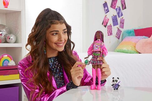 Barbie Extra Doll & Accessories with Pink-Streaked Brunette Hair in Graphic Hoodie & Plaid Skirt with Pet Panda in Saudi Arabia