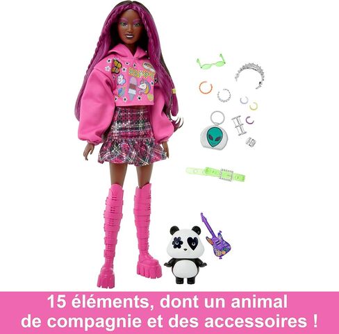 Barbie Extra Doll & Accessories with Pink-Streaked Brunette Hair in Graphic Hoodie & Plaid Skirt with Pet Panda in Saudi Arabia