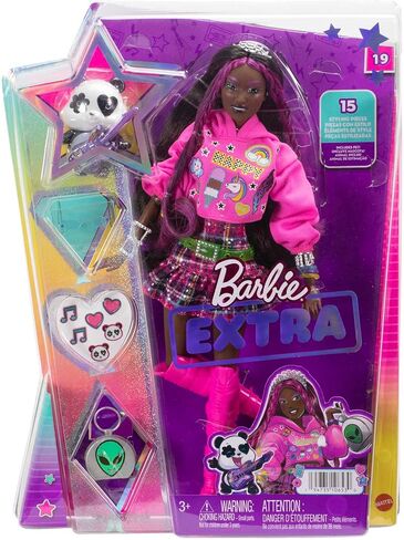 Barbie Extra Doll & Accessories with Pink-Streaked Brunette Hair in Graphic Hoodie & Plaid Skirt with Pet Panda in Saudi Arabia