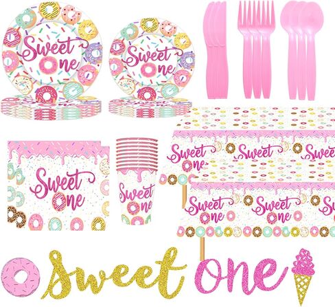 Sweet One Birthday Party Decorations Donut 1st Birthday Party Decorations 143pcs Includes Donut Paper Plates,Cups,Napkins Suitable For Donut 1st Birthday Party Decorations in Kuwait