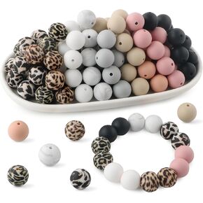 70Pcs Print Silicone Beads for Keychain Making,Round 15mm Silicone Beads for Pens, Necklace and Bracelets Making（Classic Leopard）