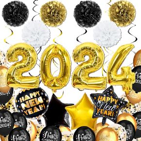 New Years Eve Party Supplies 2024, Gold Black Happy New Year Foil Balloon with Rose Gold Black Balloon for Happy New Year Decorations 2024 Gold New Years Party Decorations in Kuwait