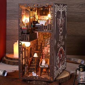 3D Wooden Puzzle Bookends, DIY Book Nook Kit, Magic Book House Model Building Kit Insert Decor with Sensor Light, Stand Bookshelf for Home Decorative Books Ornaments (Seaside Cottage)